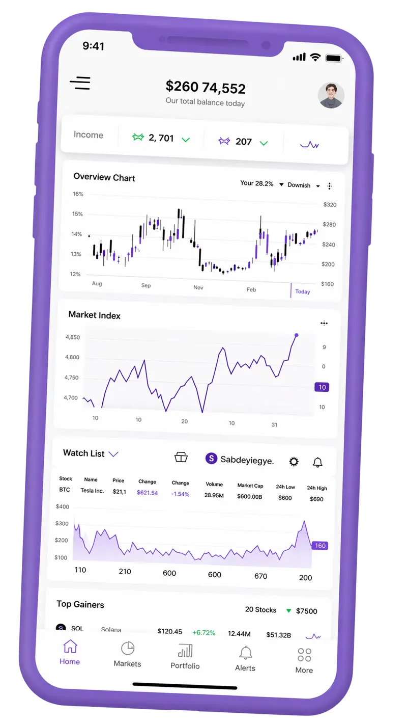 Mobile portfolio screen showing tracked holdings